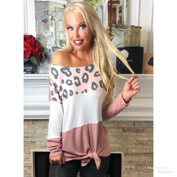 🛍LAST 3! Waffle Color Block Leopard Front Tie Top - Picture 4 of 8